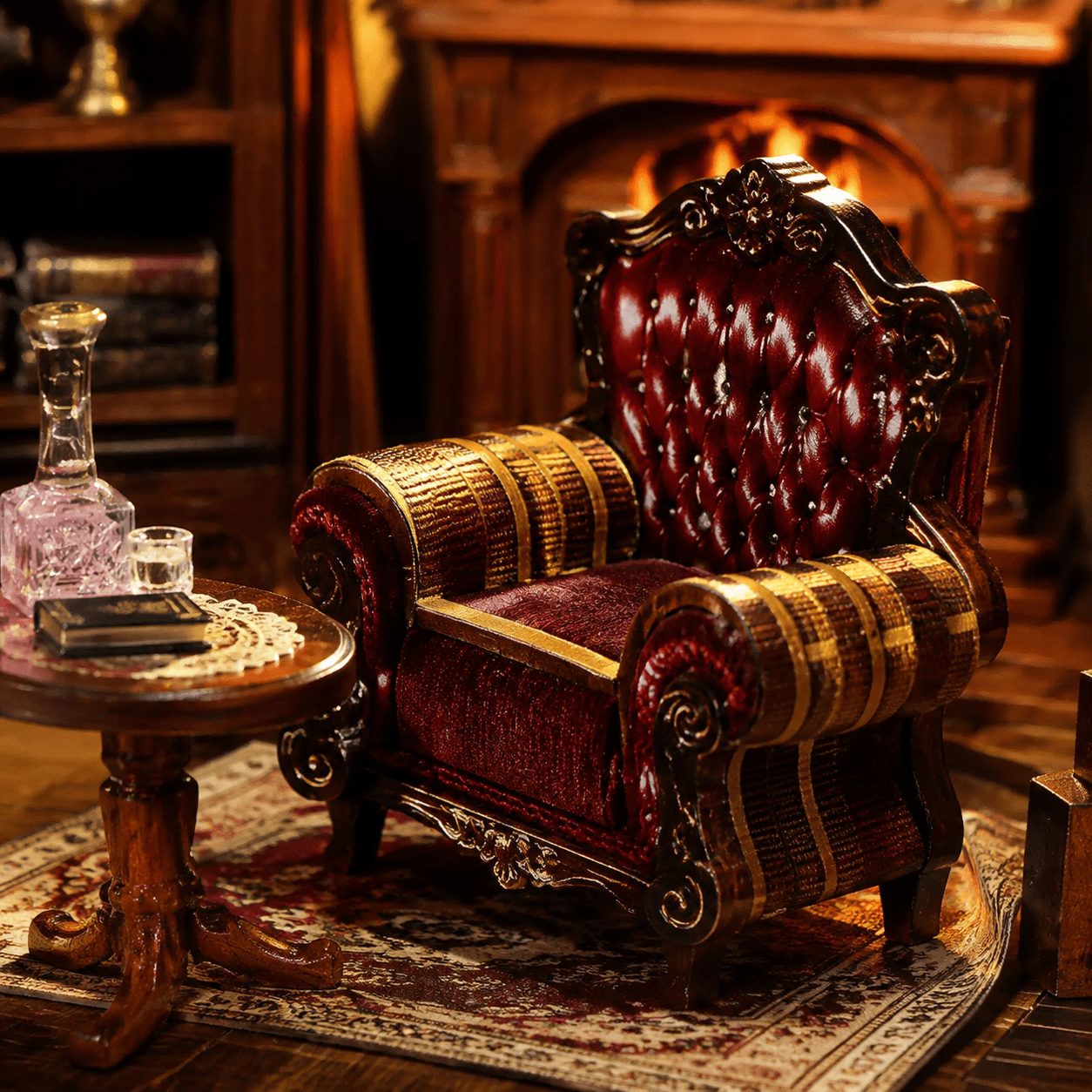 Ancient Library Book Nook Miniatur mit klassischem Sessel, Beistelltisch und eleganten Bibliotheksdetails