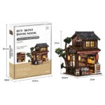 Kasuga Grocery Store Book Nook DIY kit package and finished miniature size details with wooden Japanese shop design, LED lighting, dimensions, and assembly information.