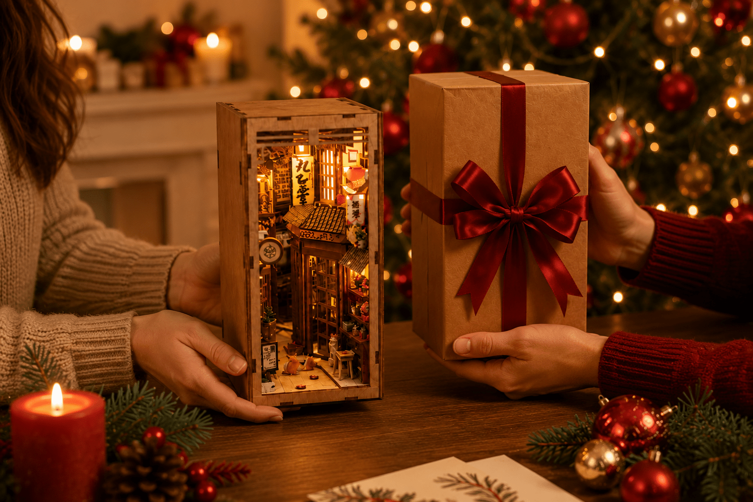 Japanische Katzen-Gasse Book Nook Miniatur als Weihnachtsgeschenk mit Geschenkbox, warmem LED-Licht, festlicher Dekoration und gemütlicher Atmosphäre.