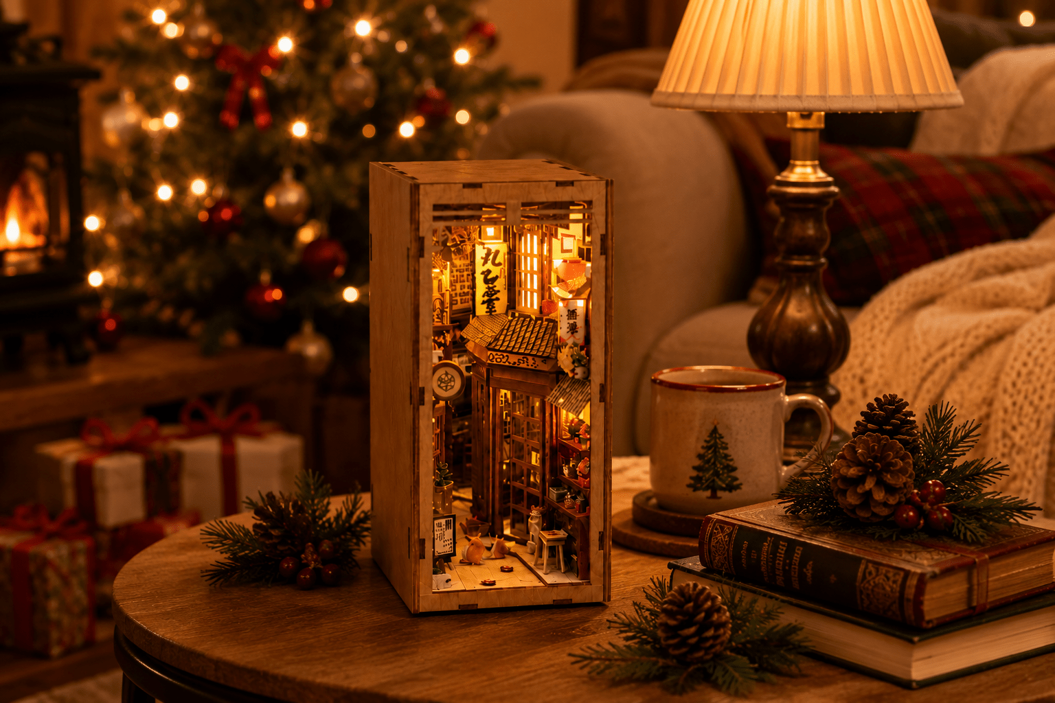 Japanische Katzen-Gasse Book Nook Miniatur mit warmem LED-Licht, Weihnachtsdekoration, Tasse, Tannenzweigen und gemütlicher Wohnzimmer-Atmosphäre.