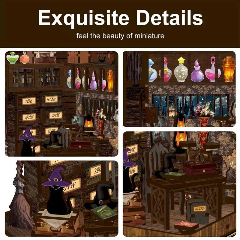 Magic Book Nook Details mit Zauberbuch, Katzenfigur, Regalen und magischen Miniatur-Elementen