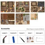 Kasuga Grocery Store Book Nook DIY kit parts and accessories including wooden pieces, LED lamp wire, tweezers, stickers, and assembly materials for miniature building.