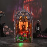 Dark Castle Book Nook mit roter LED Beleuchtung, Vampir Burg Design und düsterer Miniaturwelt
