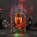 Dark Castle Book Nook mit roter LED Beleuchtung, Vampir Burg Design und düsterer Miniaturwelt