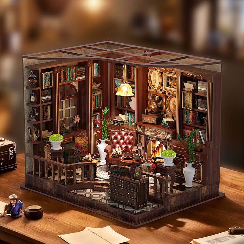 Riverside Reading Room Book Nook Miniatur mit gemütlichem Leseraum, Bücherregalen, Schreibtisch und Wohnambiente