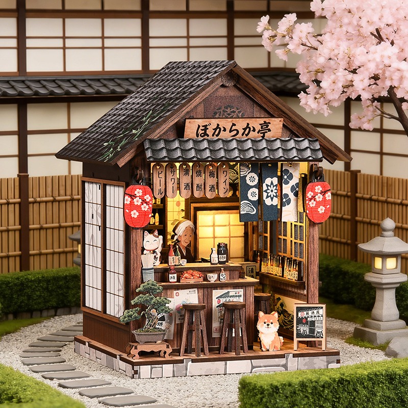 Japanese Bar Book Nook mit japanischer Miniatur-Izakaya, Laternen, Bar-Details und warmer LED-Beleuchtung