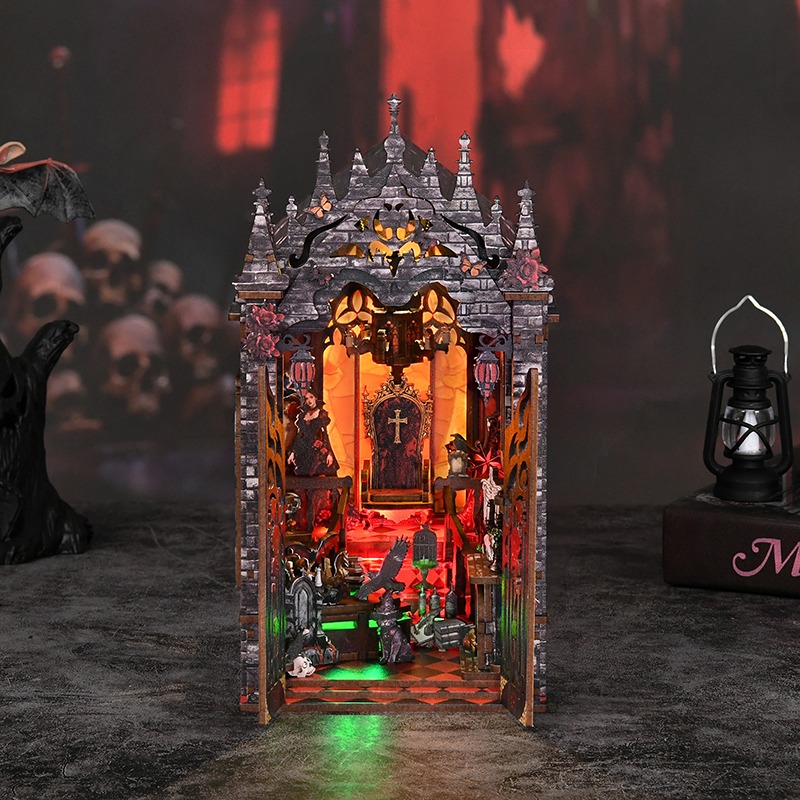 Dragon Secret-Buchstützen-Diorama (Book Nook): Fantasy-Miniatur-Burgkulisse mit leuchtenden LEDs, Dekorationen im Drachen-Stil, gotischer Architektur, geheimnisvoller Innenszene und magischer Atmosphäre.
