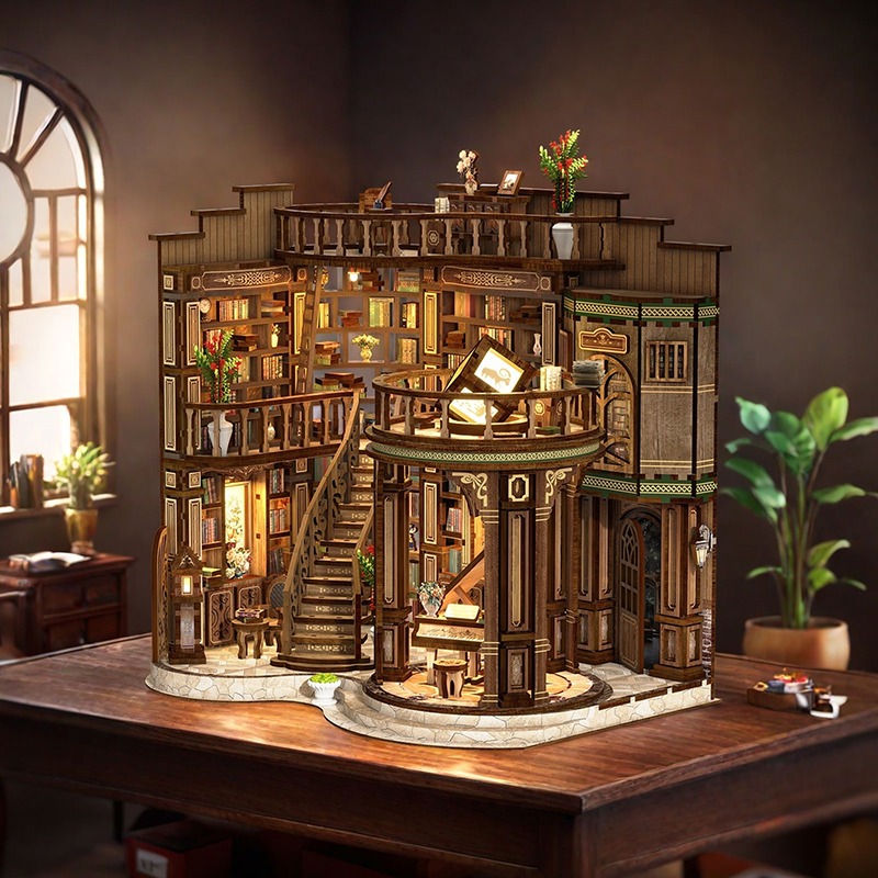 Miniatur-Diorama einer japanischen Buchhandlung (Book Nook) mit mehrstöckigen Holzregalen, warmer LED-Beleuchtung, klassischer Architektur, Lesebereich, Treppe und detailreicher Bibliotheksdekoration.