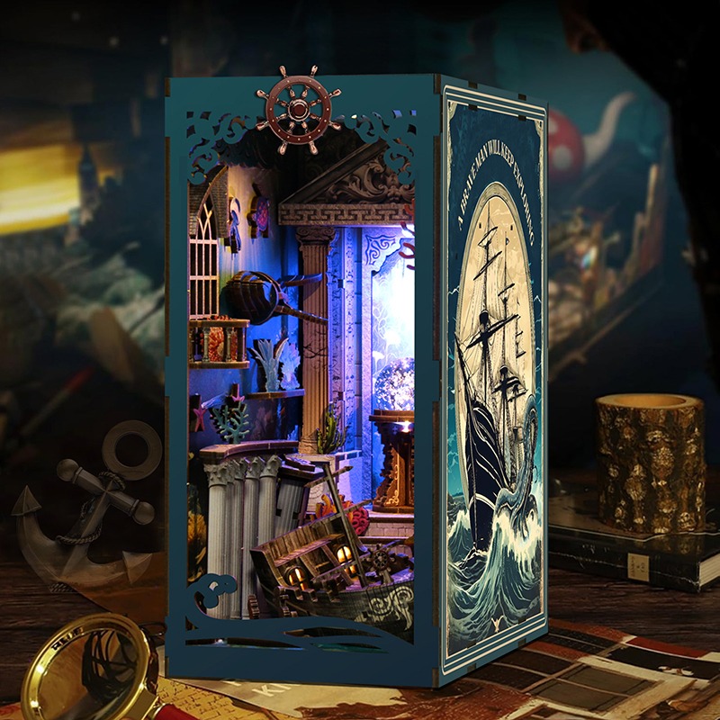Underwater World Book Nook Miniatur mit Meereswelt, Schiffsmotiv, blauer LED-Beleuchtung und geheimnisvoller Unterwasser-Atmosphäre