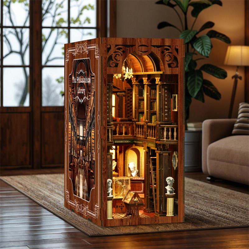 Philosophical Library Book Nook Miniatur mit antikem Bücherregal, warmer Beleuchtung und eleganter Leseatmosphäre