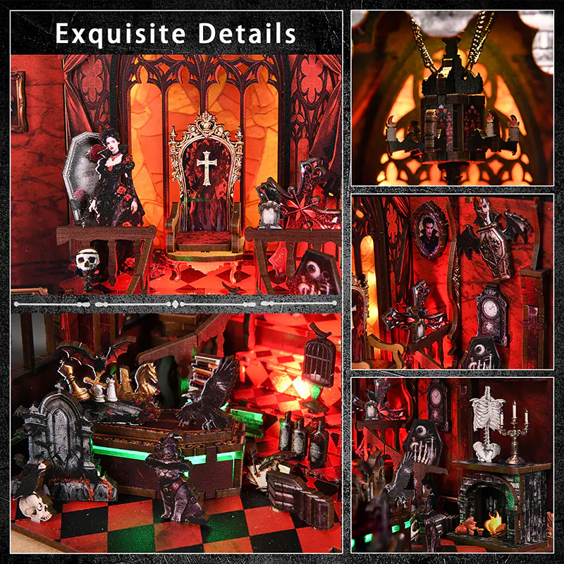 Dark Fantasy Book Nook mit Burgdetails, Vampir Elementen, Figuren und farbiger LED Beleuchtung