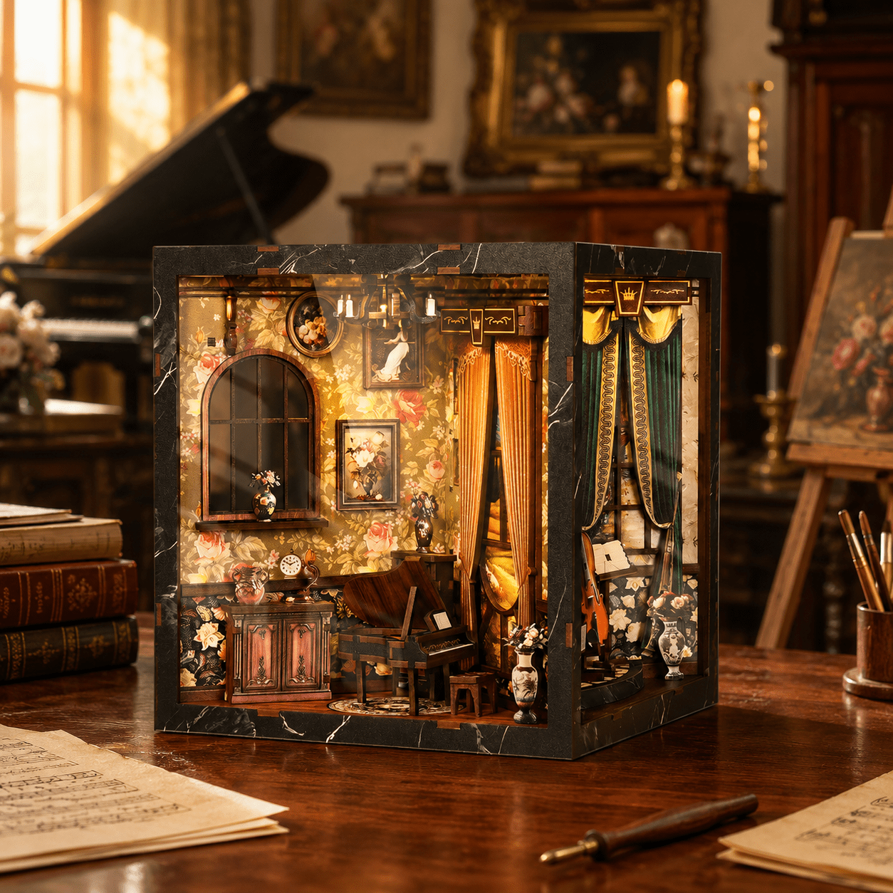 European Music Room Book Nook Miniatur mit Klavier, Violine, eleganter Einrichtung und warmer LED-Beleuchtung