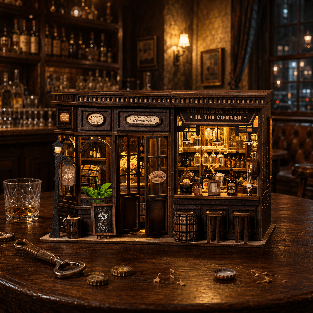 Corner Bistro Book Nook als detailreiche Miniatur-Bar mit warmer Beleuchtung und nostalgischer Bistro-Atmosphäre