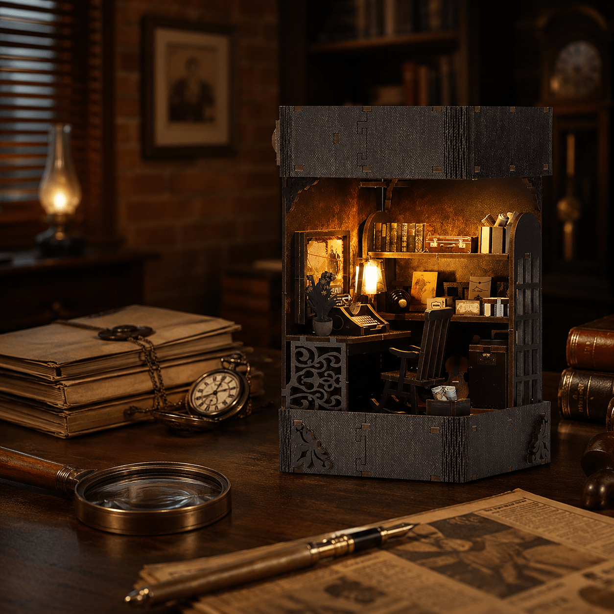 Detective Agency Book Nook mit viktorianischem Ermittlerbüro, geheimnisvollen Miniaturdetails, Schreibtisch und warmer LED-Beleuchtung