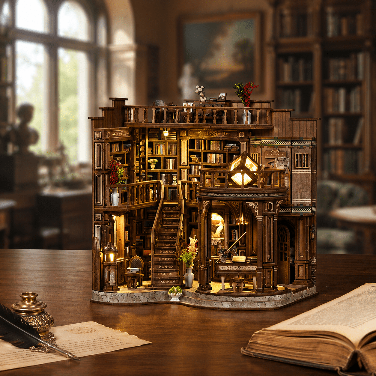 Japanische Buchhandlung Book Nook mit detailreicher Miniaturbibliothek, warmem LED-Licht und nostalgischer Leseatmosphäre