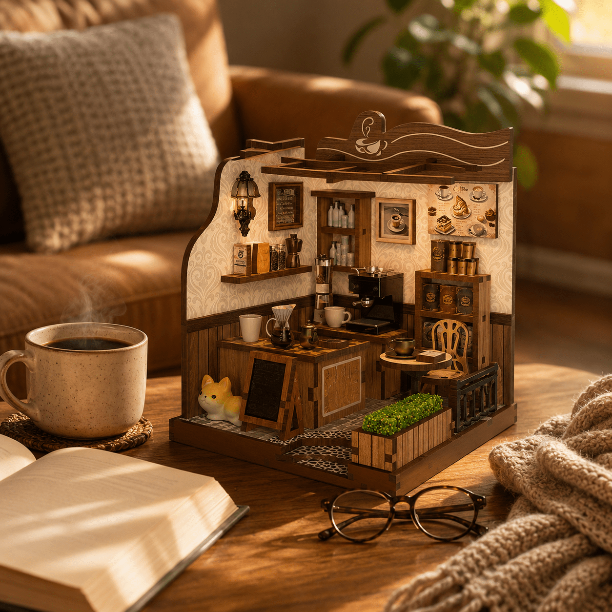 1987 Country Cafe Book Nook als gemütliche Miniatur-Kaffeebar auf dem Wohnzimmertisch mit Buch und Kaffeetasse