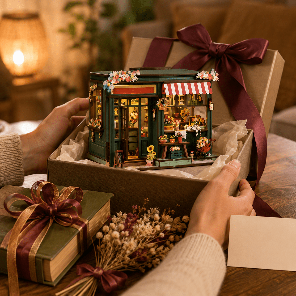 Xinyu Flower Shop Book Nook als Geschenk verpackt mit Blumenladen Miniatur, warmer Beleuchtung und dekorativer Präsentation