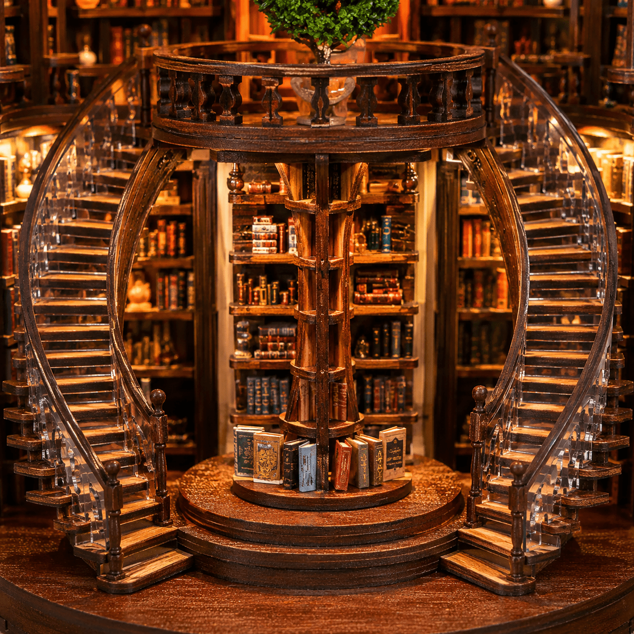 Library of Wisdom Book Nook Miniatur mit zwei geschwungenen Treppen, zentralem Bücherregal und mehrstöckiger Bibliothek