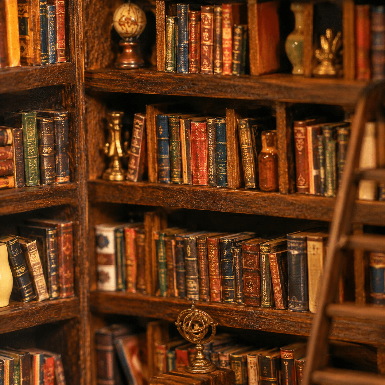 Library of Wisdom Book Nook Miniatur mit gefüllten Bücherregalen, alten Büchern und klassischen Bibliotheksdetails