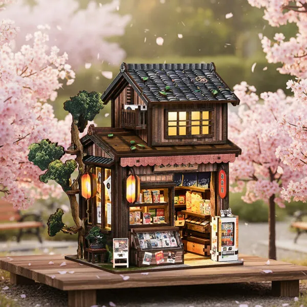 Japanische Miniatur eines traditionellen Ladens unter rosa Kirschblüten mit warm beleuchtetem Innenraum