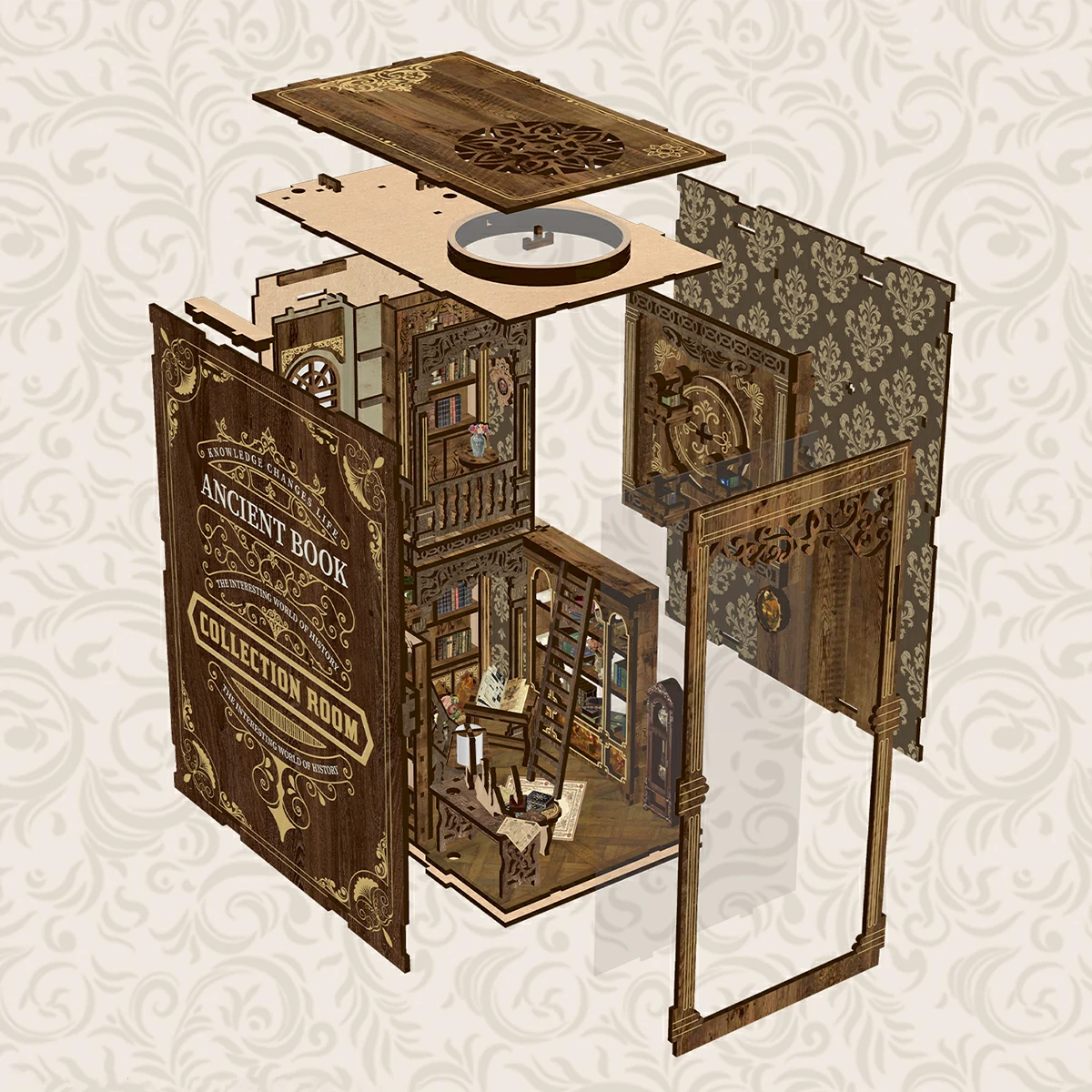 Einzelne Wand-, Boden- und Dachteile eines Ancient-Library-Book-Nook-Bausatzes vor dem Zusammenbau