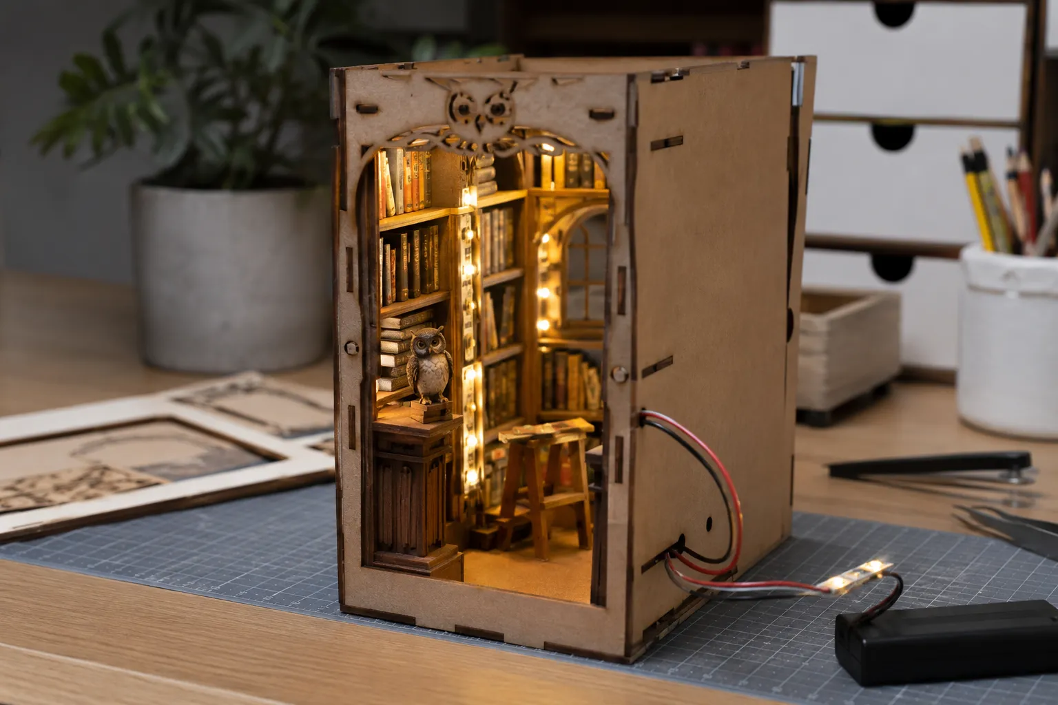 Owl Bookstore Book Nook beim Zusammenbauen mit Miniaturteilen und LED-Beleuchtung