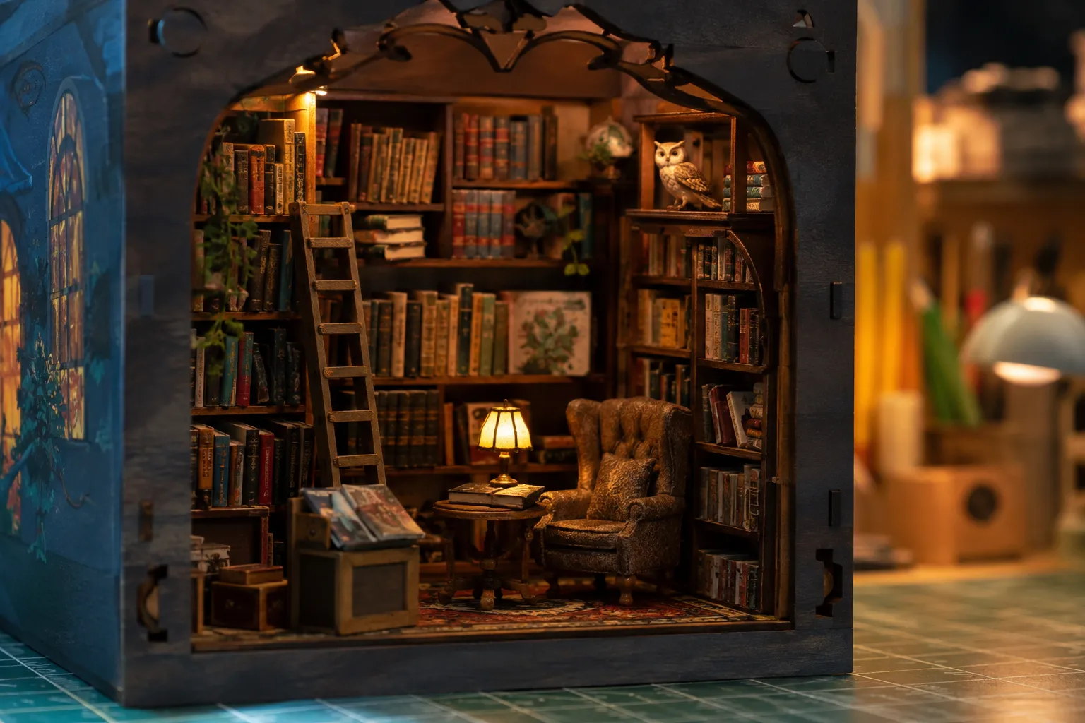 Fertiger Owl Bookstore Book Nook mit Bücherregalen und warmer Beleuchtung