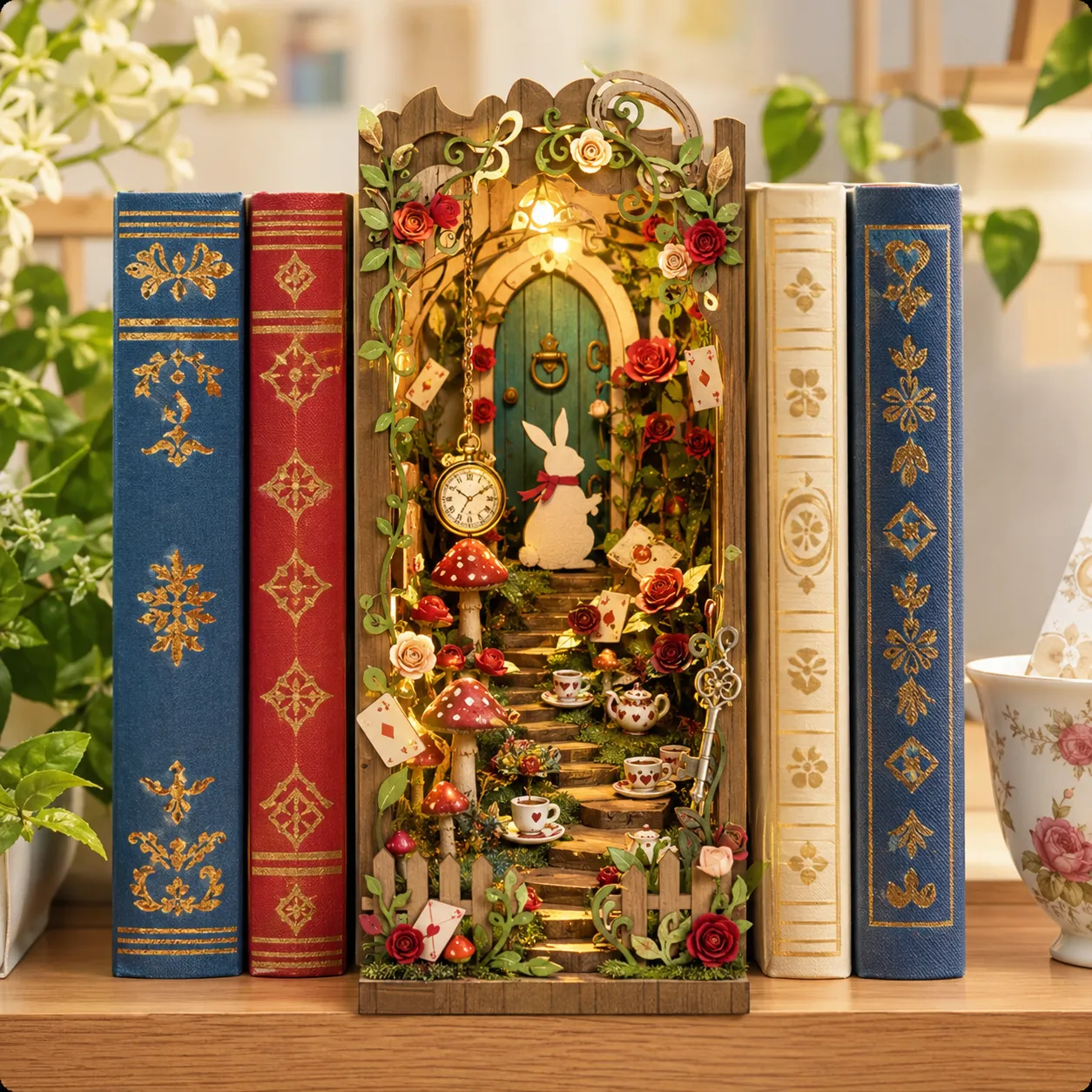 Fertiger Alice im Wunderland Book Nook zwischen Büchern mit warmer Beleuchtung und Miniaturdekoration