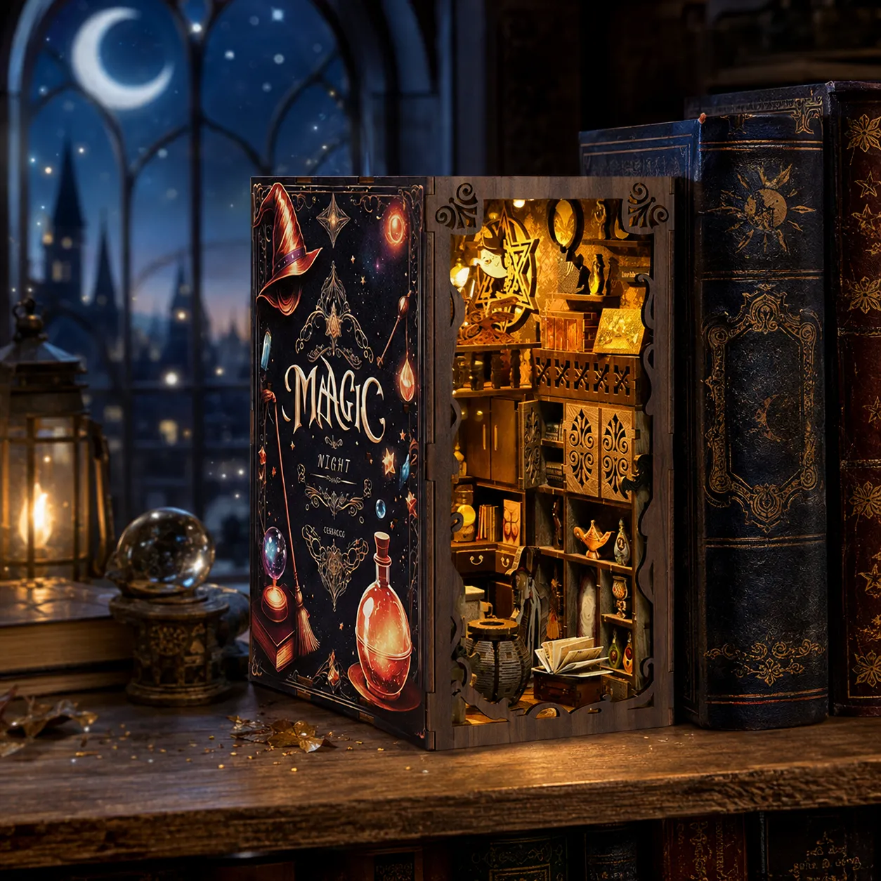 Magisches Bibliotheks-Book-Nook zwischen dunklen Büchern mit warm beleuchteten Regalen, Zaubertränken und nächtlicher Fantasy-Kulisse