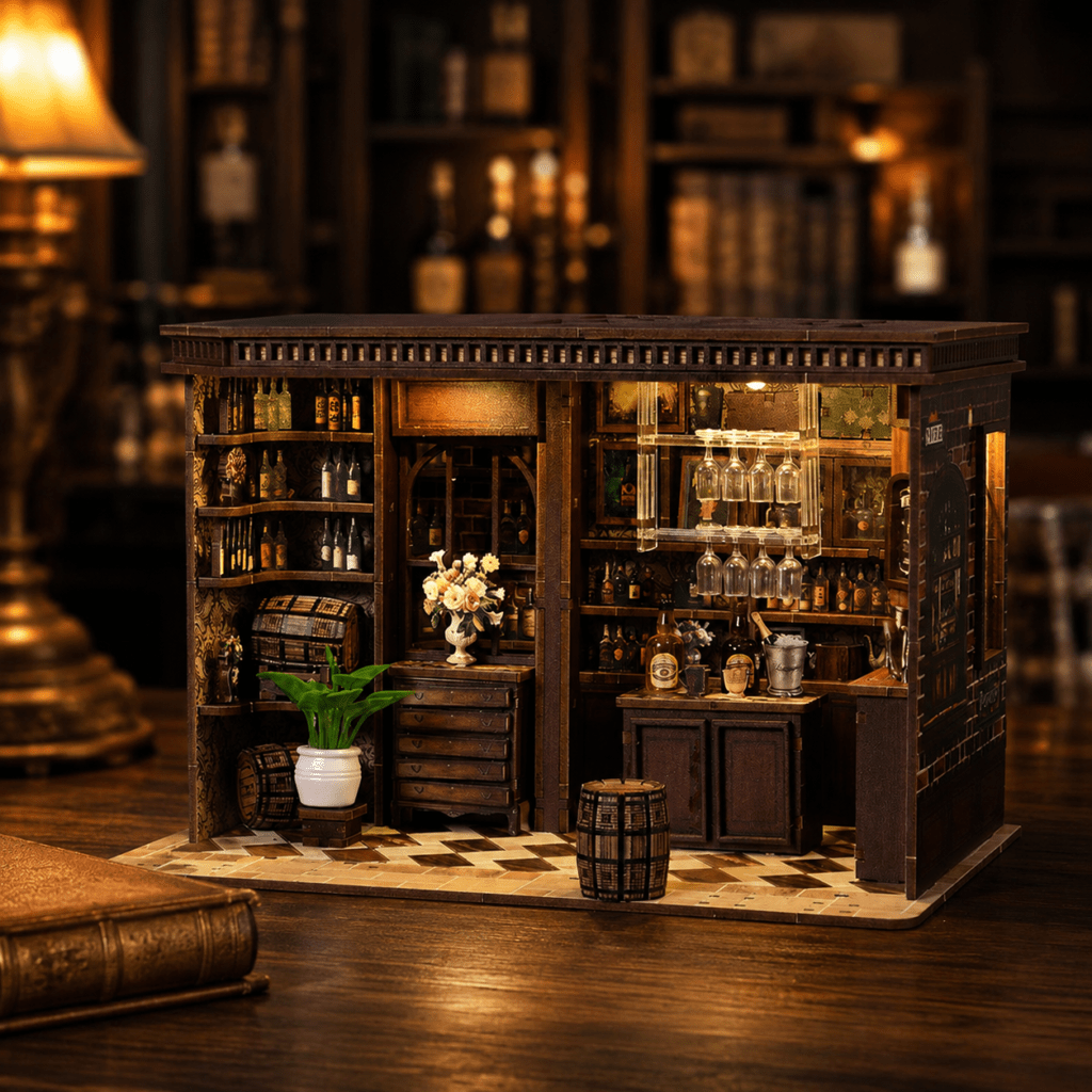 Beleuchtete DIY Miniatur einer historischen Bar als Inspiration für den Einstieg in den Miniaturmodellbau