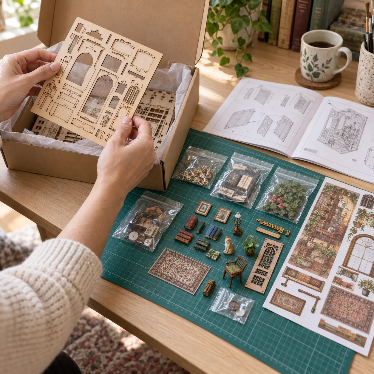 Book Nook Bausatz wird nach dem Auspacken mit Holzplatten, Anleitung und Zubehör auf Vollständigkeit geprüft