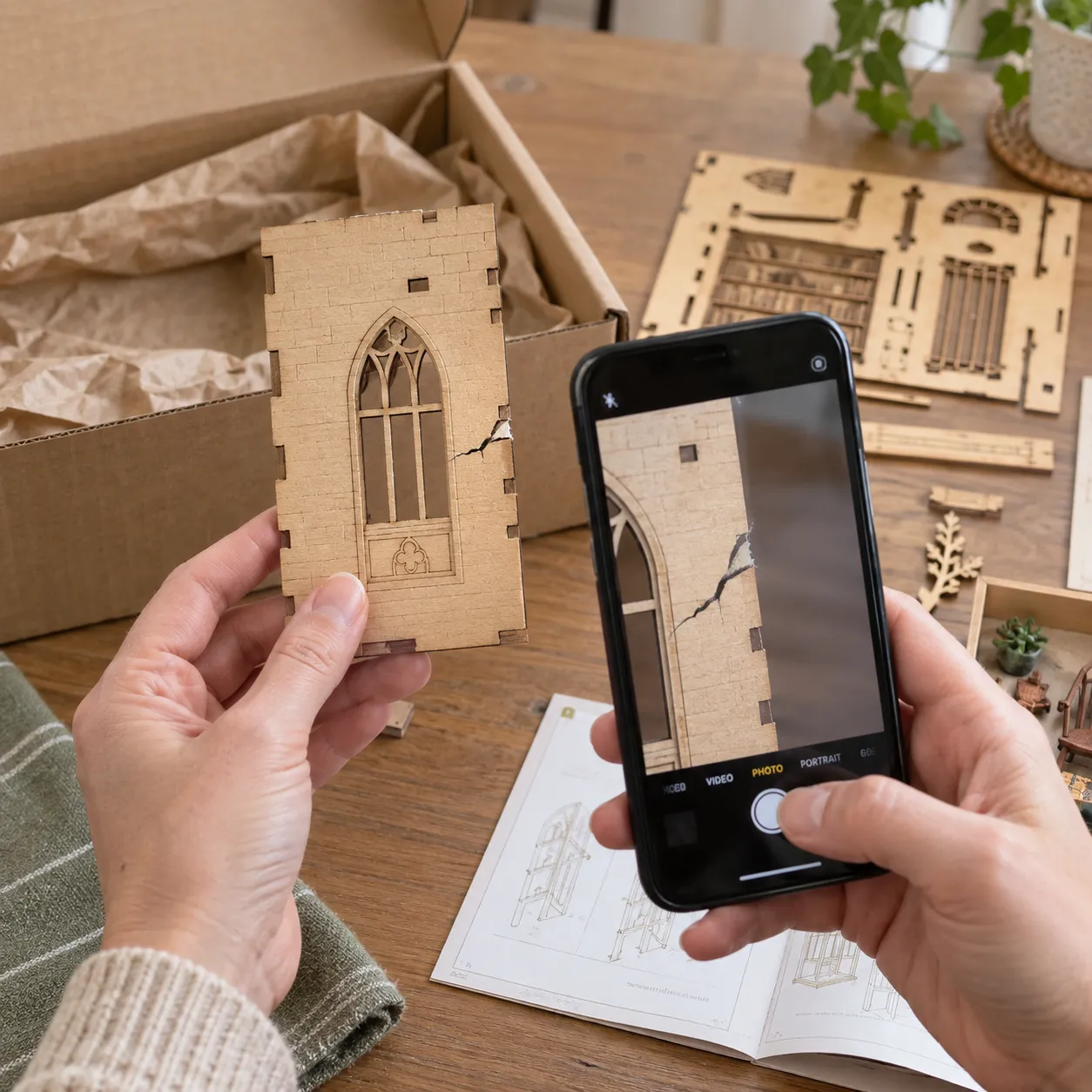 Beschädigtes Book Nook Holzteil wird mit dem Smartphone fotografiert, um ein Ersatzteil anzufragen