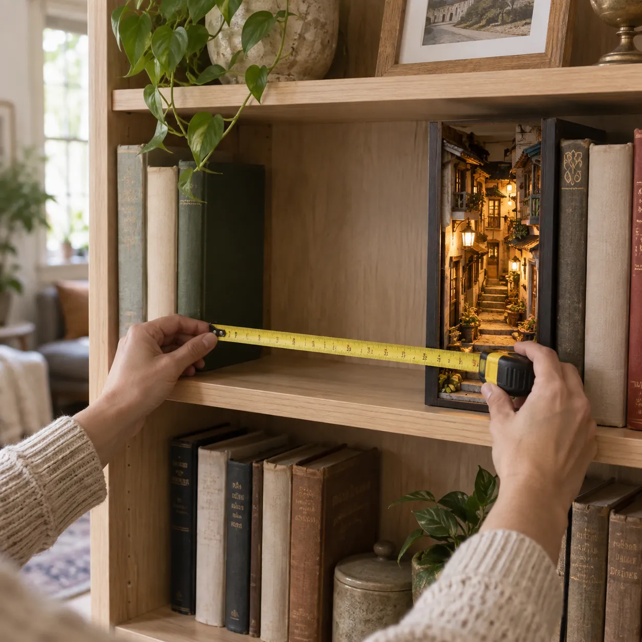 Book Nook im Bücherregal wird mit einem Maßband ausgemessen, um Breite und verfügbaren Platz zu prüfen