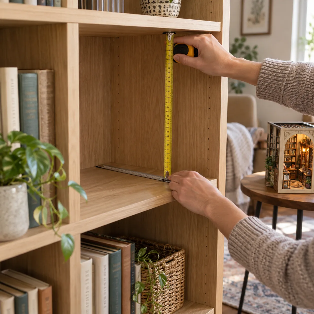 Innenhöhe eines Bücherregals wird mit einem Maßband für die passende Book Nook Größe gemessen