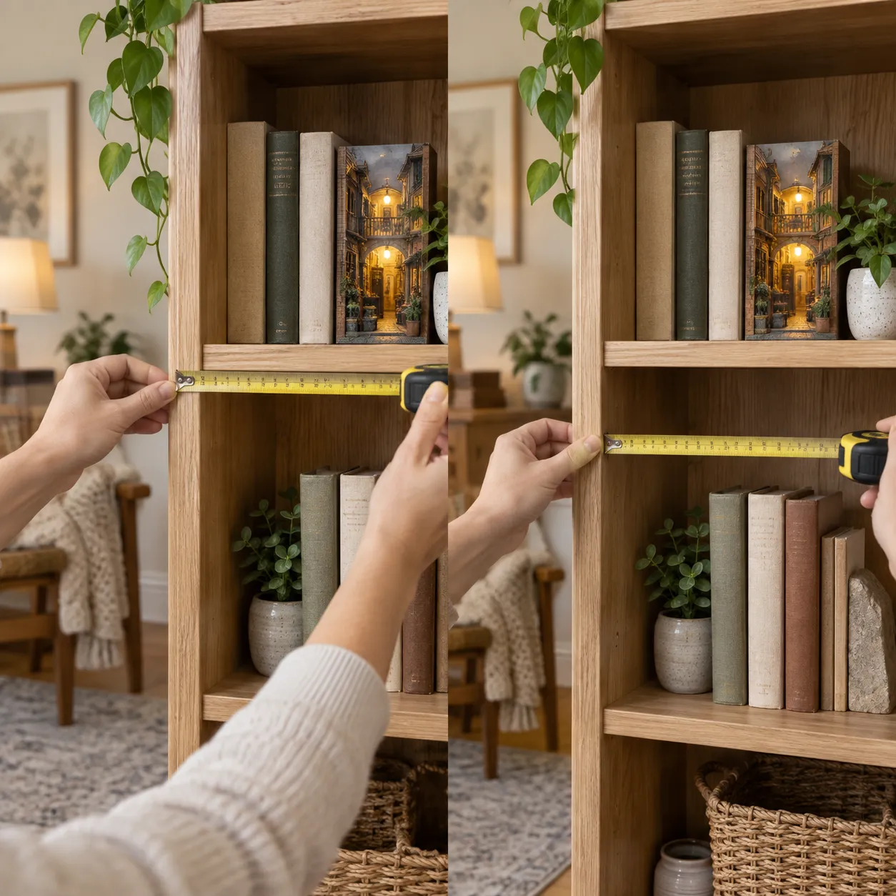 Verschiedene Regalfächer werden ausgemessen, um die passende Größe für einen Book Nook zu bestimmen