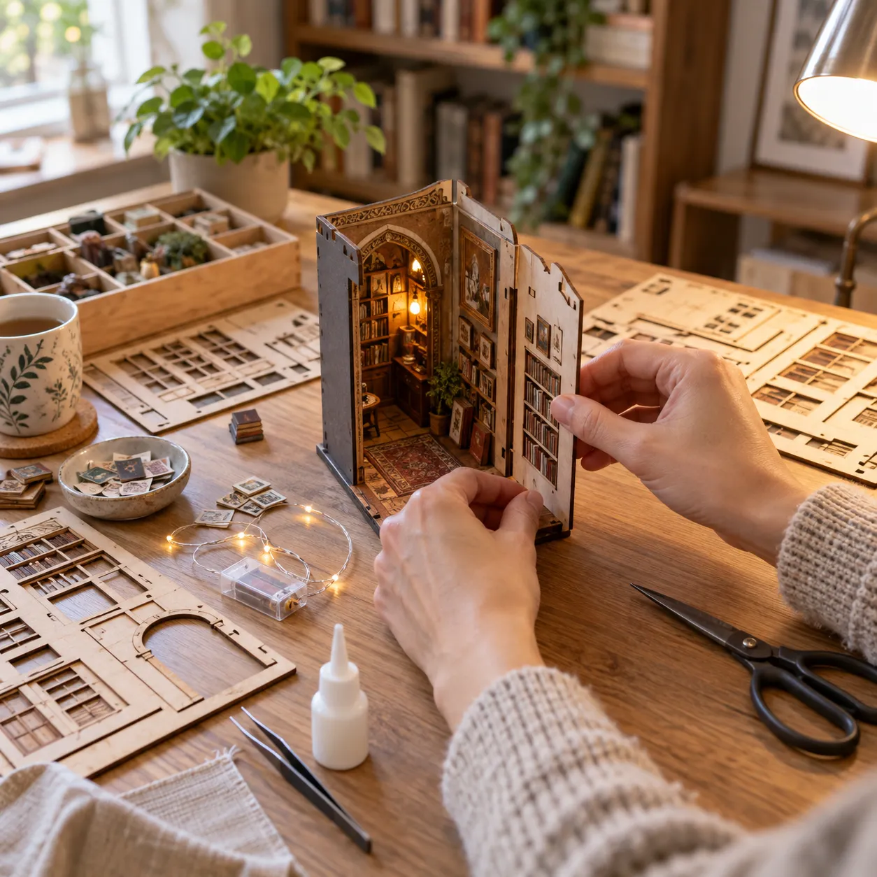 Hände beim sicheren Zusammenbau eines Book Nook mit Holzbauteilen und Miniaturdetails auf einem Basteltisch