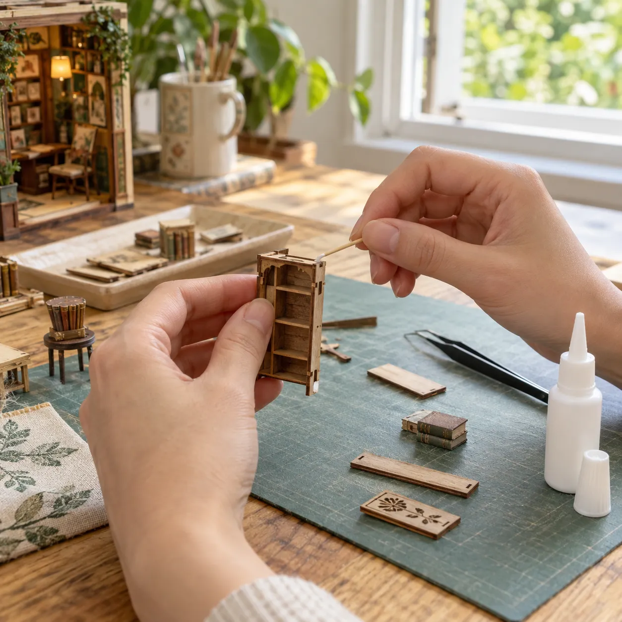 Kleine Book Nook Holzteile werden mit wenig Kleber sorgfältig zusammengefügt
