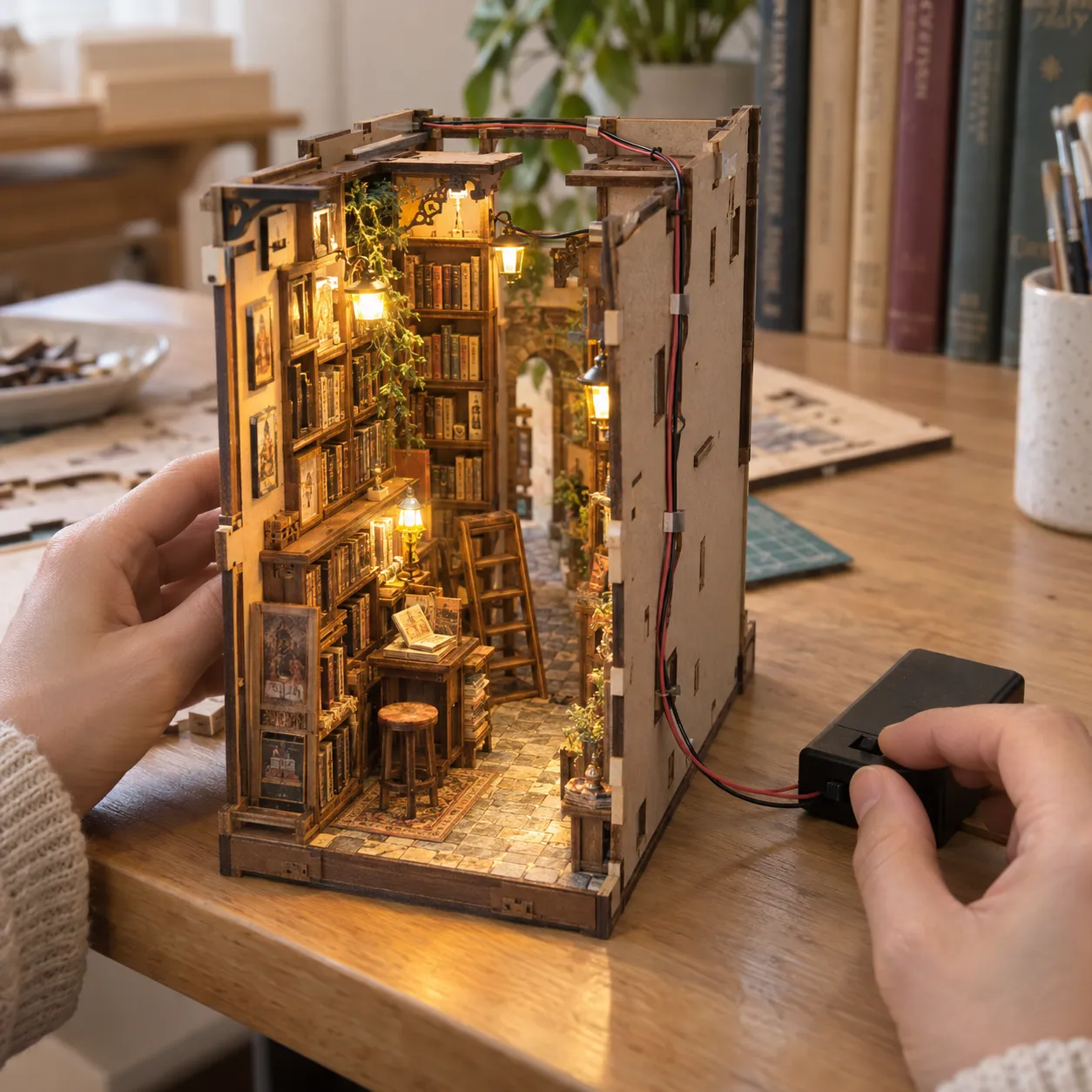 Beleuchteter Book Nook wird während des Aufbaus auf LED Funktion und Kabelverlegung geprüft