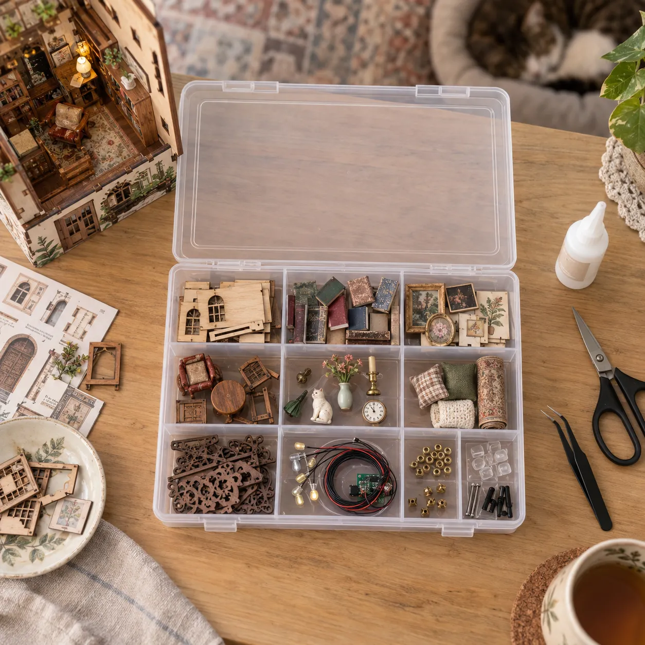 Kleine Book Nook Bauteile und Miniaturzubehör werden in einer Sortierbox aufbewahrt