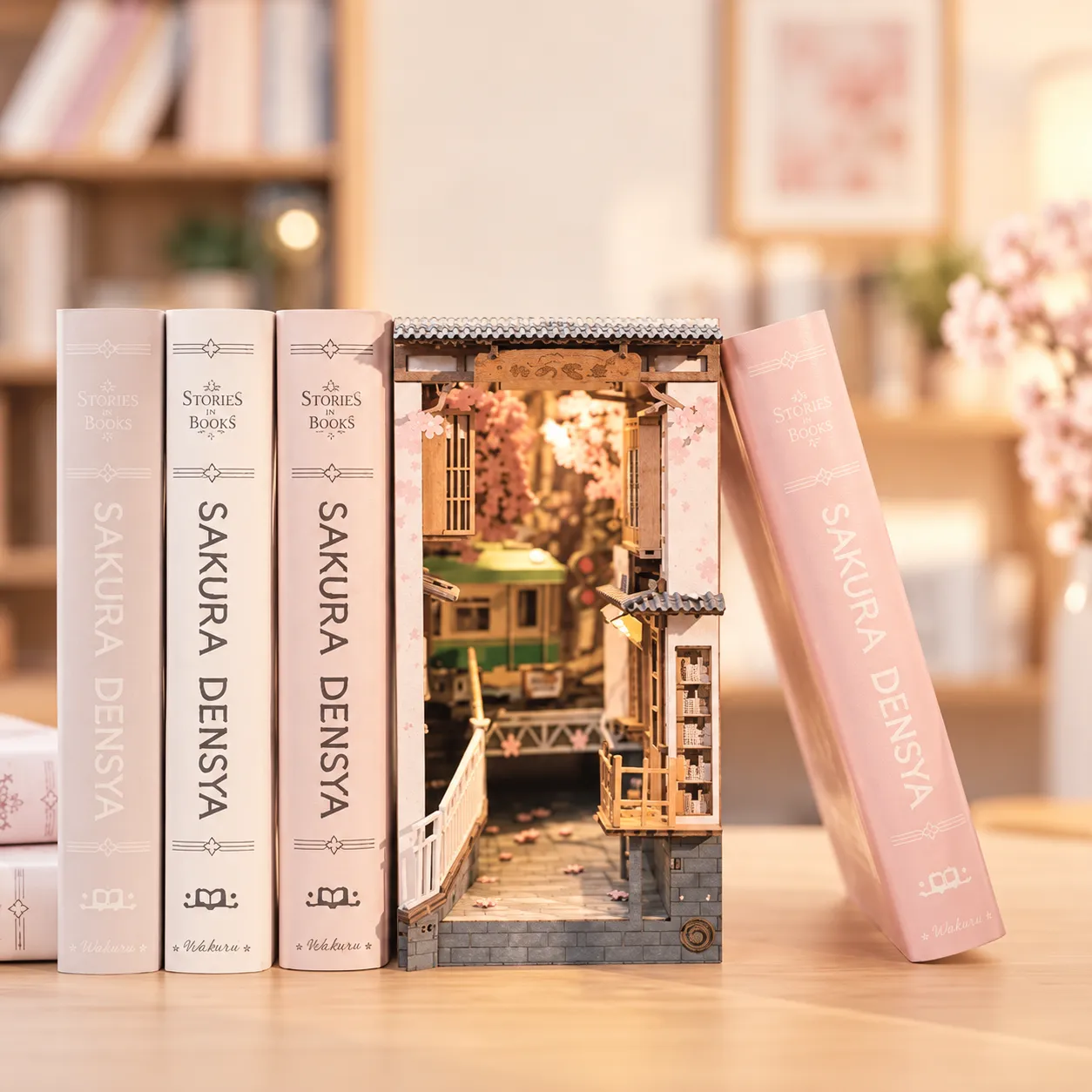 Sakura Densya Book Nook als beleuchtete Miniaturszene zwischen Büchern im Regal