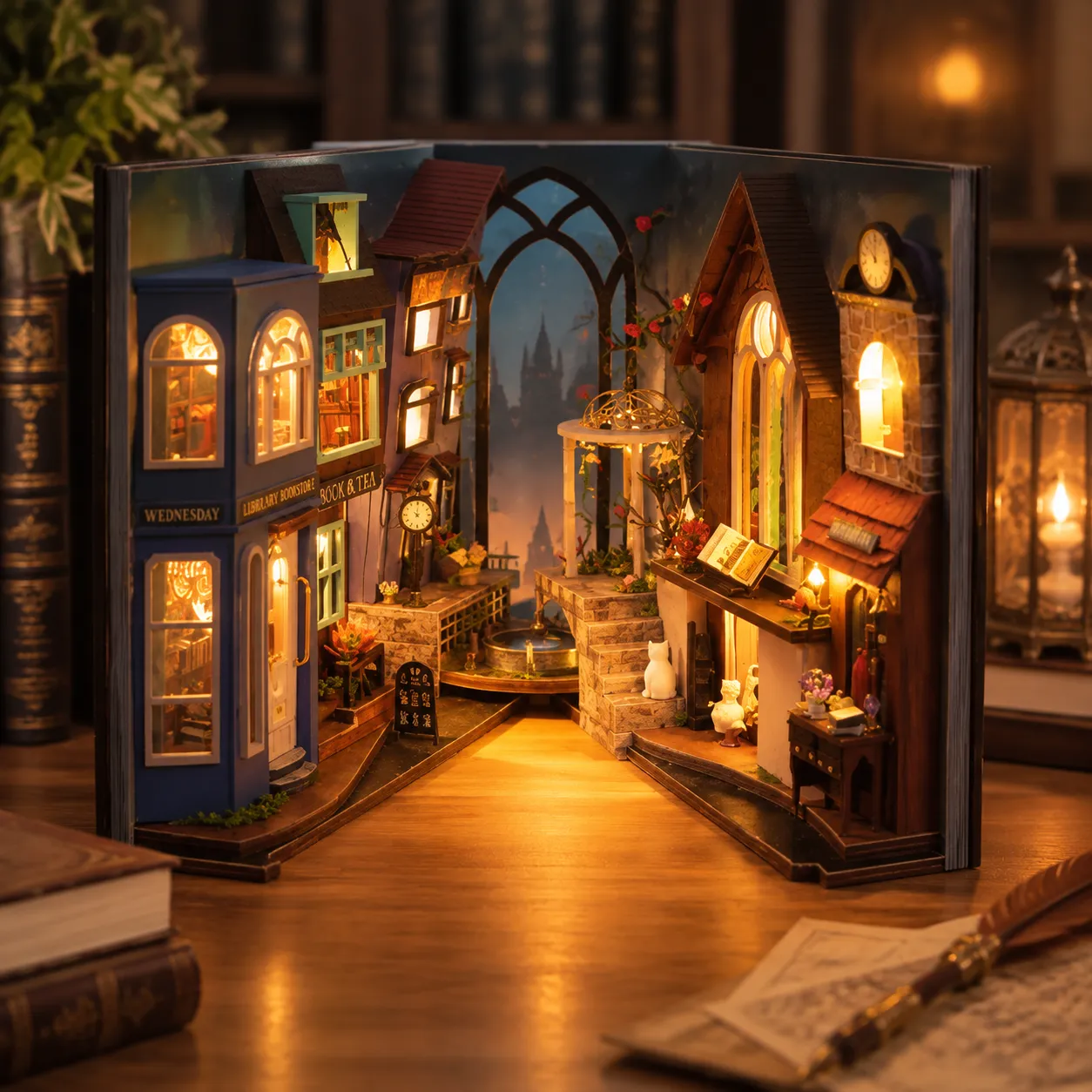 Magische Bibliothek als Book Nook mit Fantasy-Details, kleinen Gebäuden und geheimnisvoller Atmosphäre