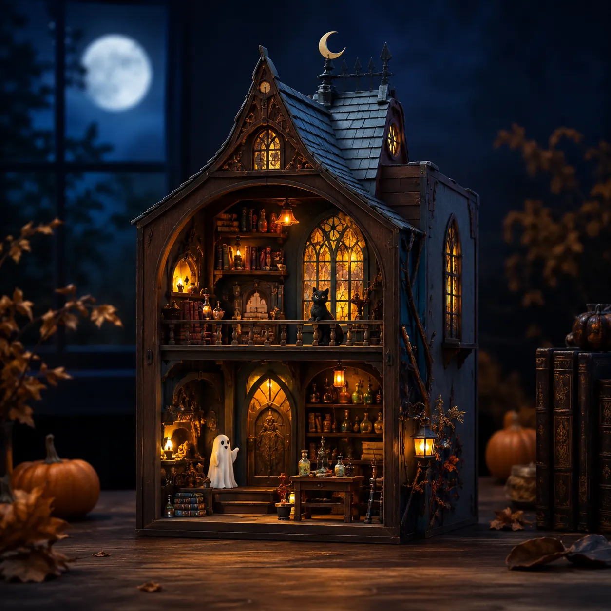 Halloween Book Nook mit geheimnisvollem Hexenhaus, warmer Beleuchtung und gruseliger Miniaturwelt