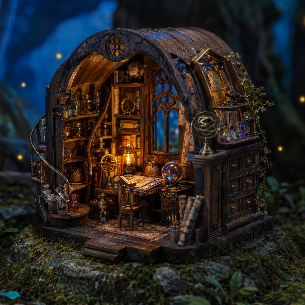 Halloween Miniaturwelt mit dunkler Architektur, warmer Beleuchtung und detailreicher Dekoration
