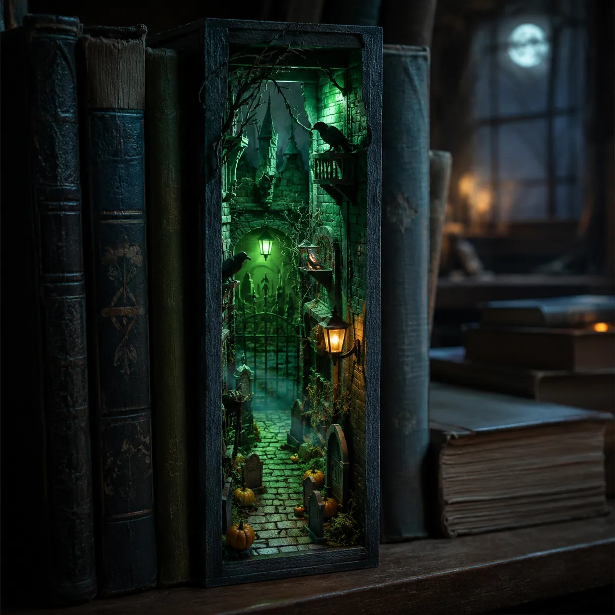 Dunkle Halloween Miniaturwelt mit Gothic-Architektur, grüner Beleuchtung und mystischer Atmosphäre