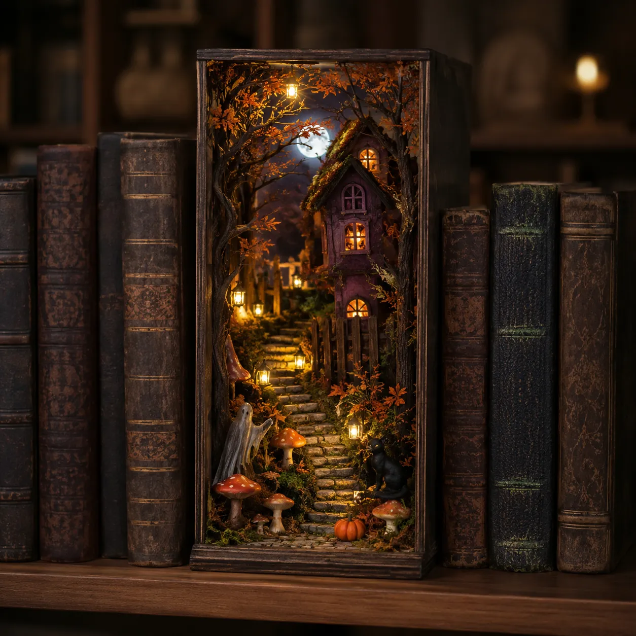 Halloween Book Nook mit geheimnisvollem Hexenhaus, warmer Beleuchtung und gruseliger Miniaturwelt