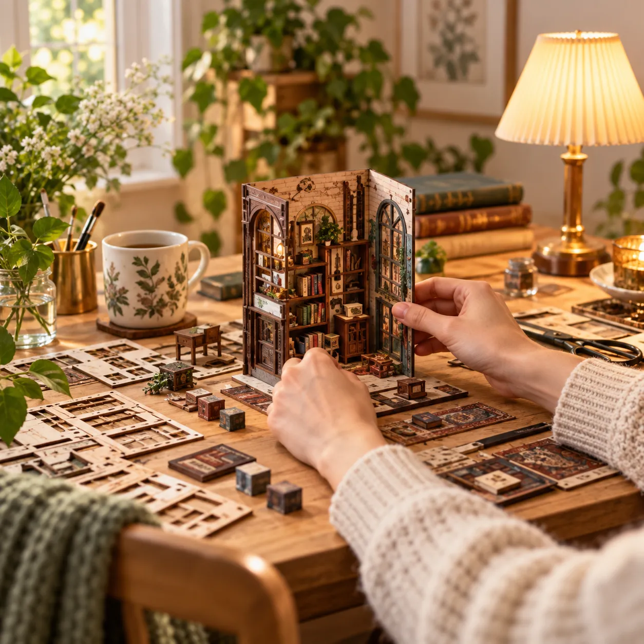 Hände beim Zusammenbau eines detailreichen DIY Book Nook Kits auf einem Basteltisch mit Holzbauteilen und Miniaturmöbeln