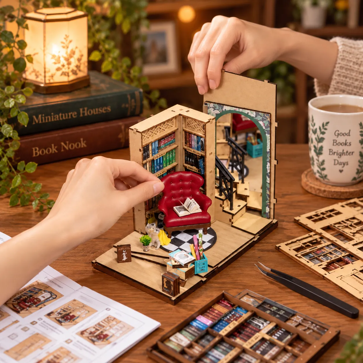 Hände beim Zusammenbau eines Book Nook Bausatzes mit Miniaturbibliothek, rotem Sessel und Holzbauteilen auf einem gemütlichen Basteltisch