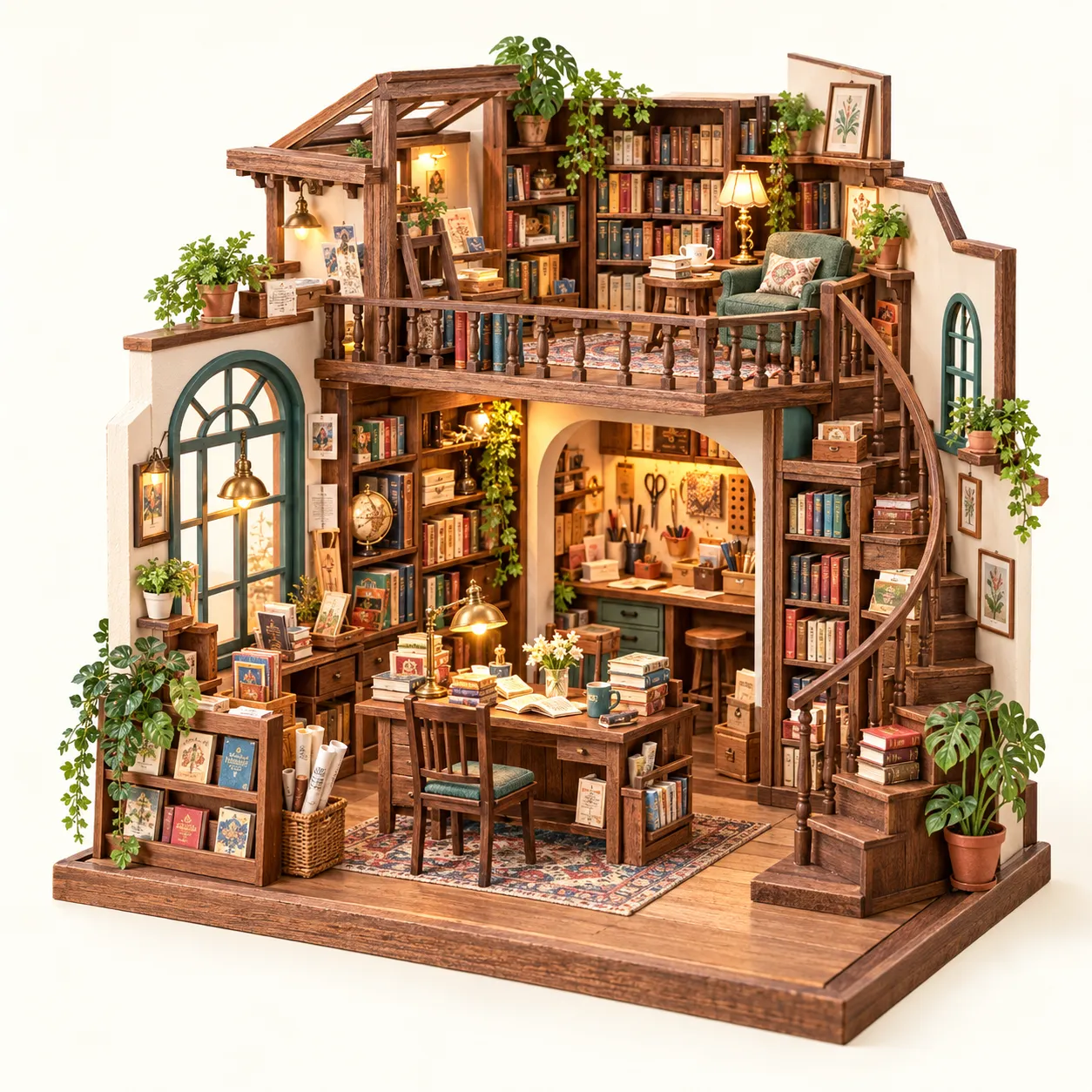 Zweistöckige Miniaturbuchhandlung mit Werkstatt, Lesebereich, Bücherregalen und warmer Beleuchtung