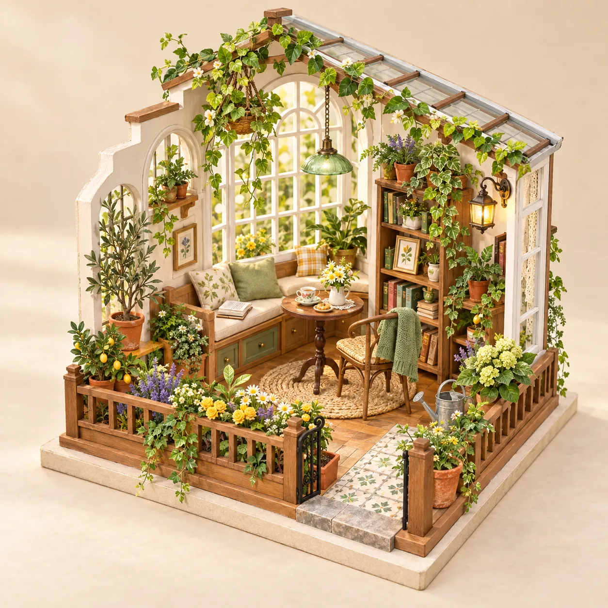 Botanische Miniatur eines hellen Wintergartens mit Leseecke, Bücherregal, Holzmöbeln und zahlreichen Pflanzen