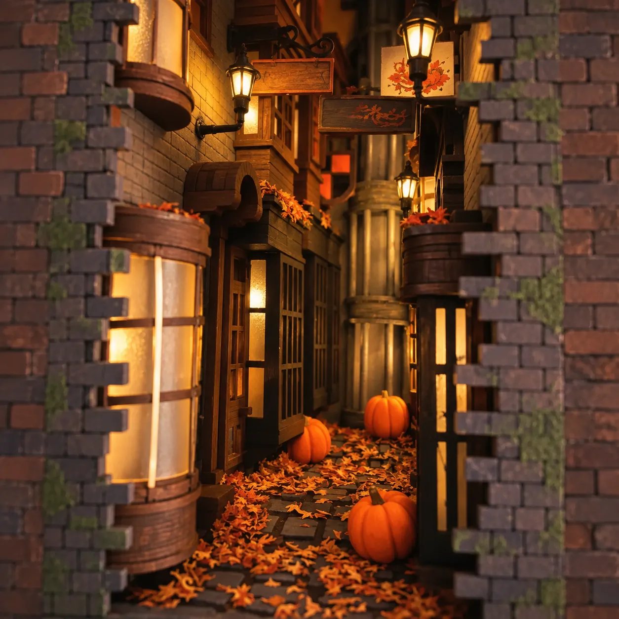 Magische Miniaturgasse als beleuchtetes Book Nook mit warmen Laternen, Herbstlaub, Kürbissen und detailreichen Backsteinfassaden